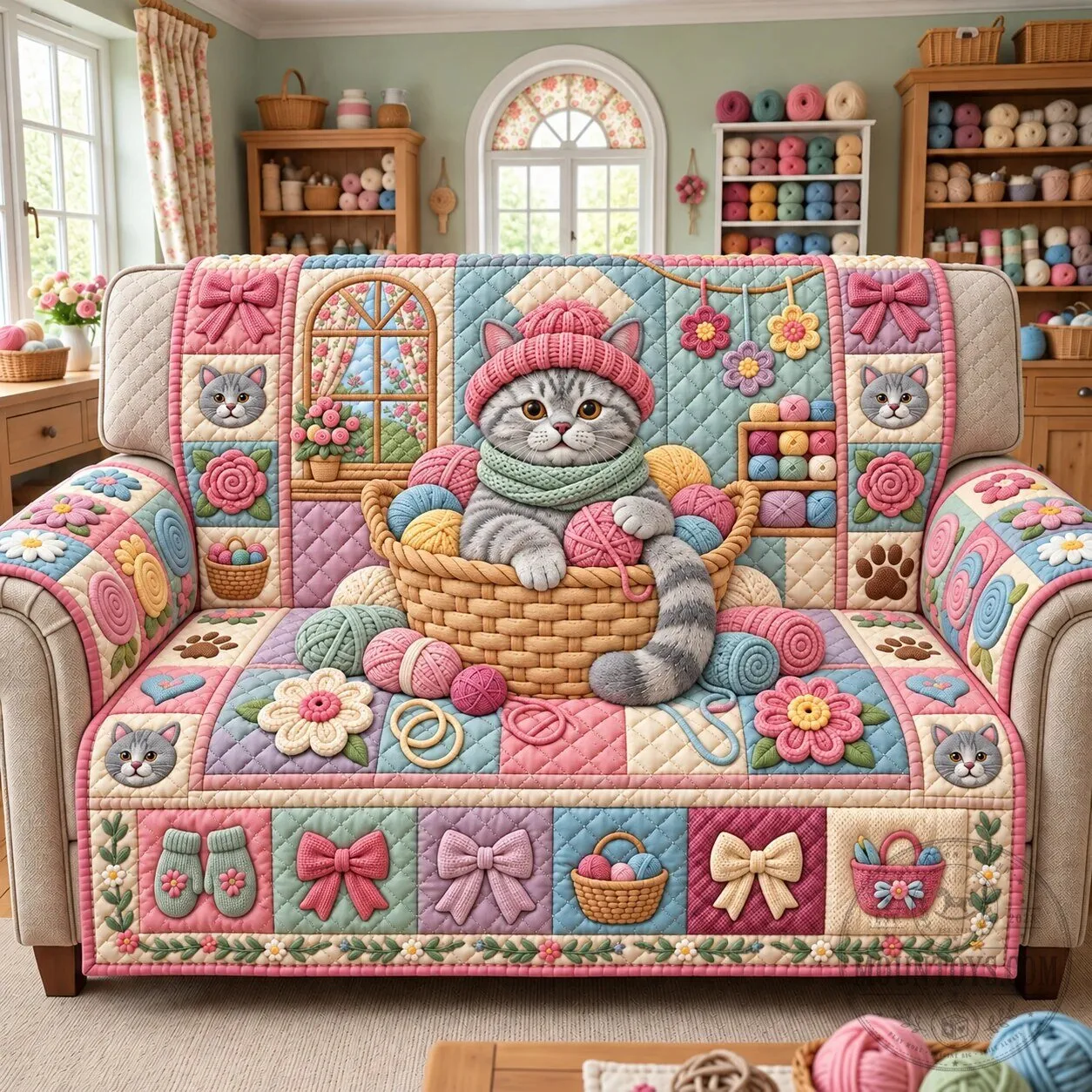 Adorable Cat Yarn Room Quilted Sofa Cover for Living Room Decor