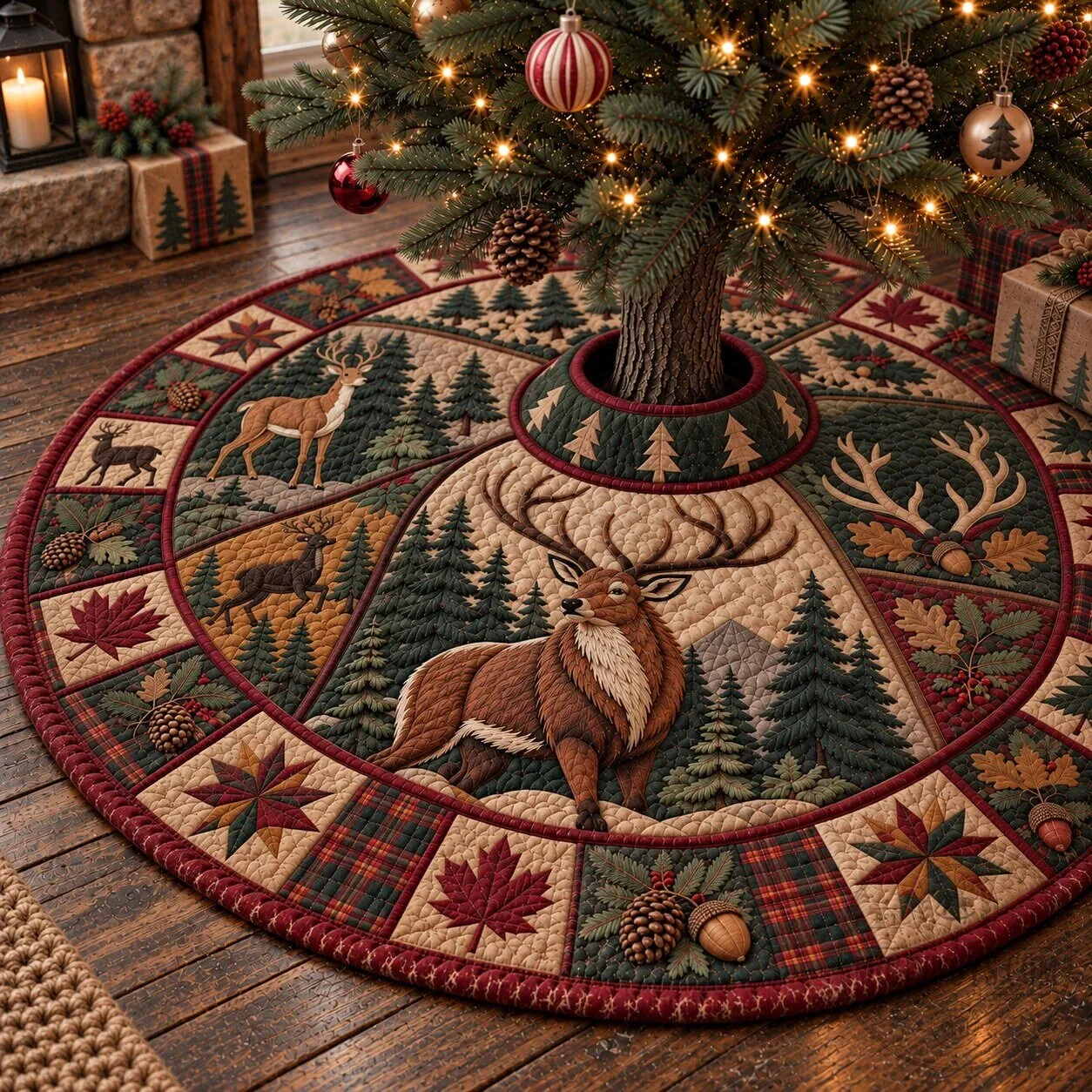 Rustic Deer Serenity Quilted Christmas Tree Skirt Holiday Decor