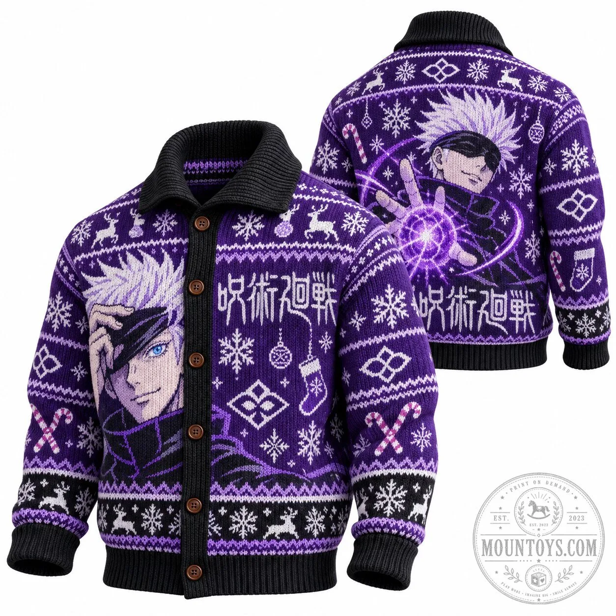 Jujutsu Kaisen Satoru Gojo Anime Ugly Christmas Knitted Cardigan Sweater 2 Jujutsu Kaisen Satoru Gojo Anime Ugly Christmas Knitted Cardigan Sweater