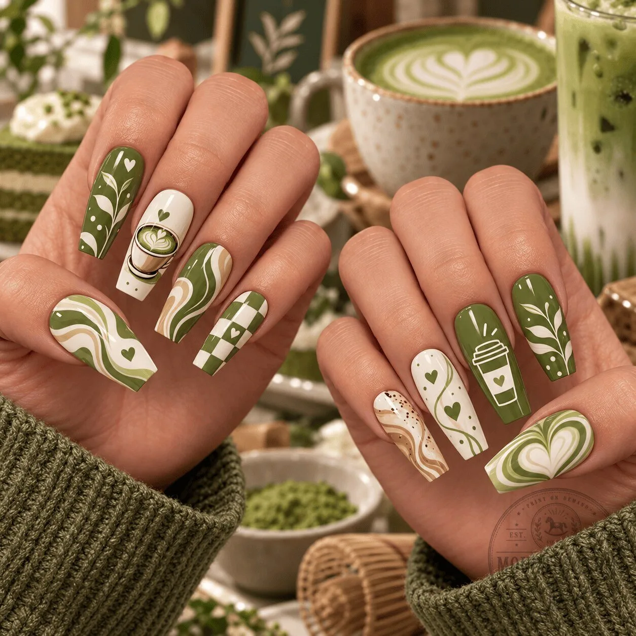 Matcha Latte Aesthetic Swirl Press-On Nails Set 1 Matcha Latte Aesthetic Swirl Press-On Nails Set