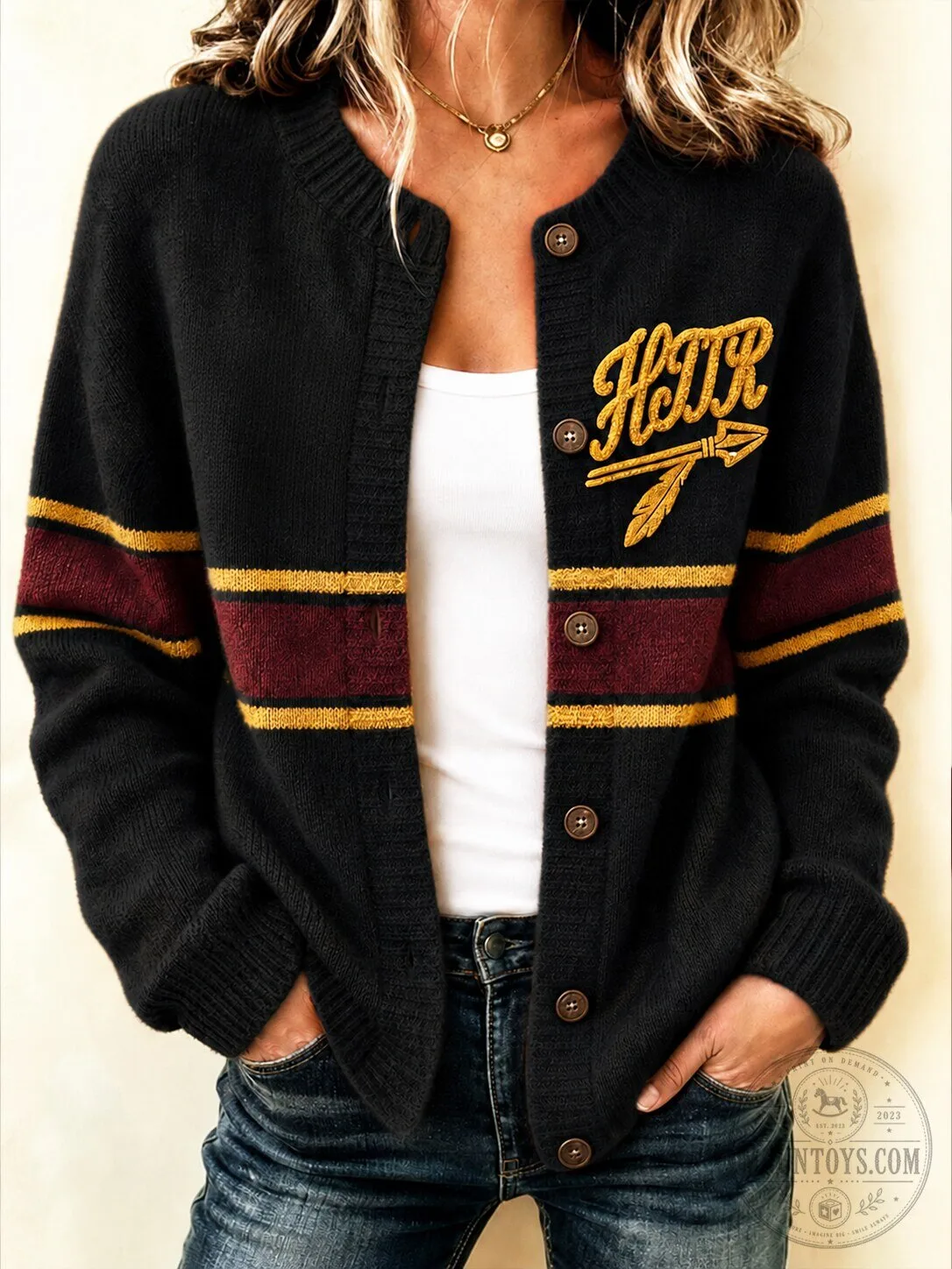 Harry Potter Hogwarts Gold and Maroon Striped Cardigan Sweater 5 Harry Potter Hogwarts Gold and Maroon Striped Cardigan Sweater