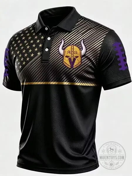 Minnesota Vikings Skol Horned Helmet American Flag Black Gold Polo Shirt