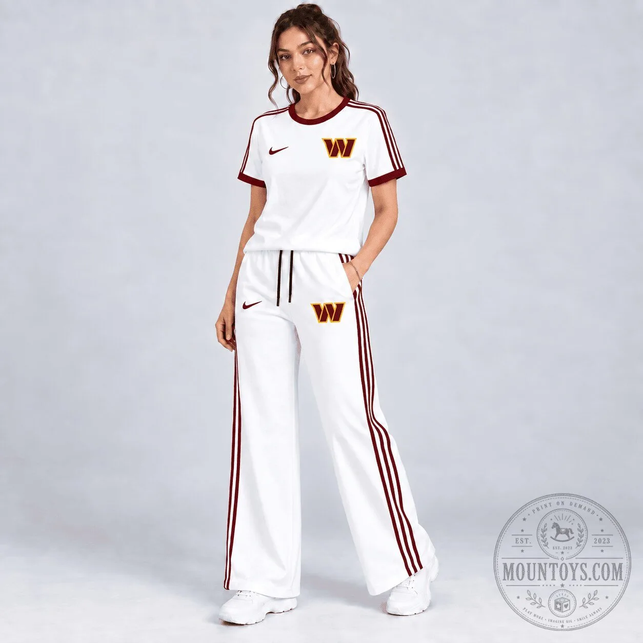 Washington Commanders Women's White Striped Casual T-Shirt and Pants Set