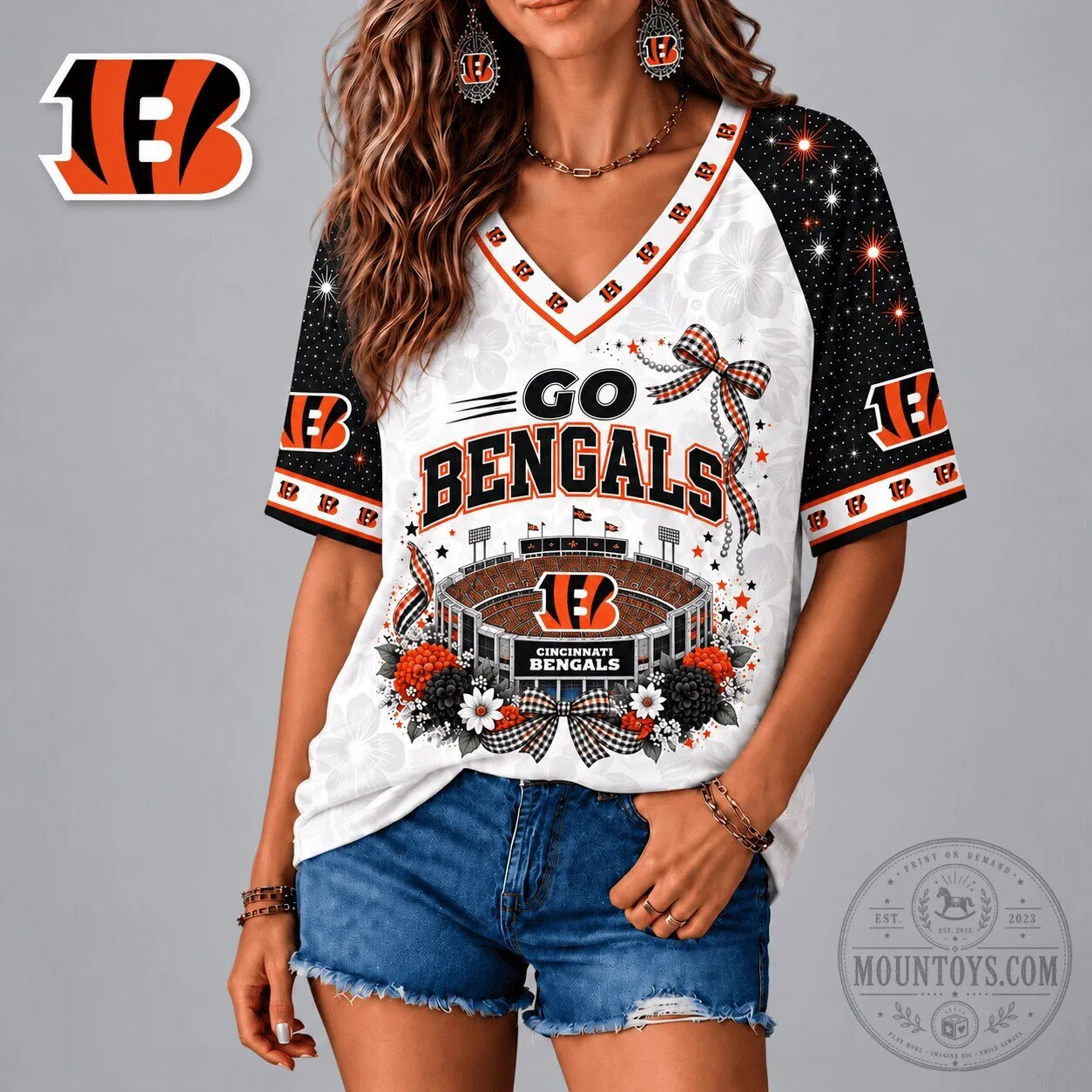 Cincinnati Bengals Patriotic Floral Bow V-Neck T-Shirt