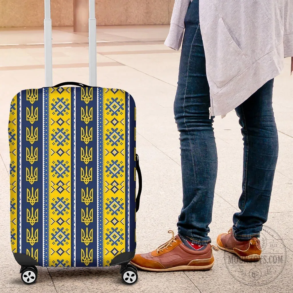Ukrainian Trident Pattern Luggage Cover, Blue and Yellow Ukraine Flag Suitcase Protector
