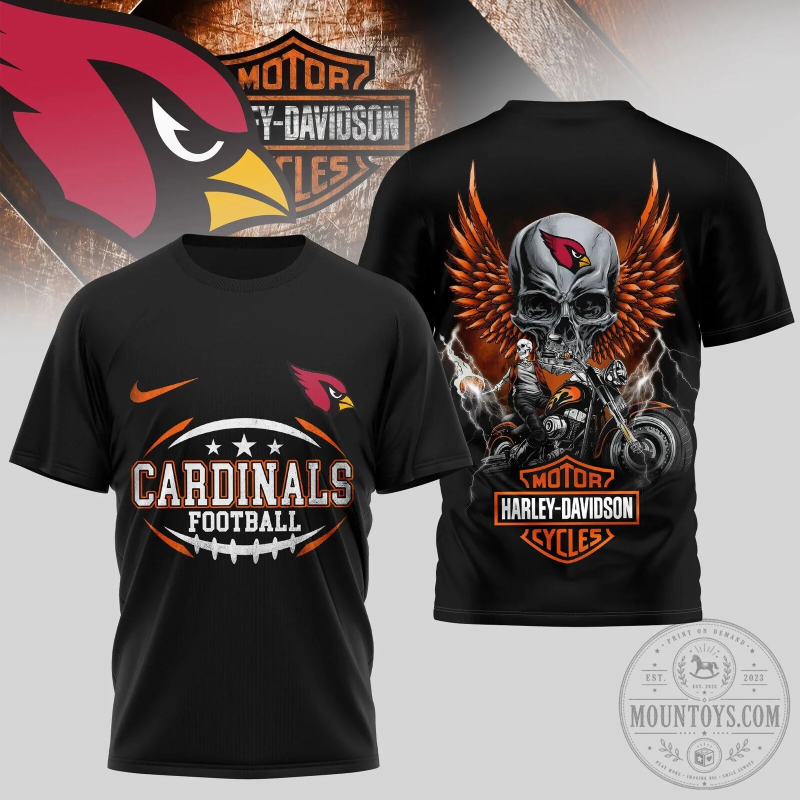 Arizona Cardinals Football Team Harley Davidson Motorcycle Skull T-Shirt