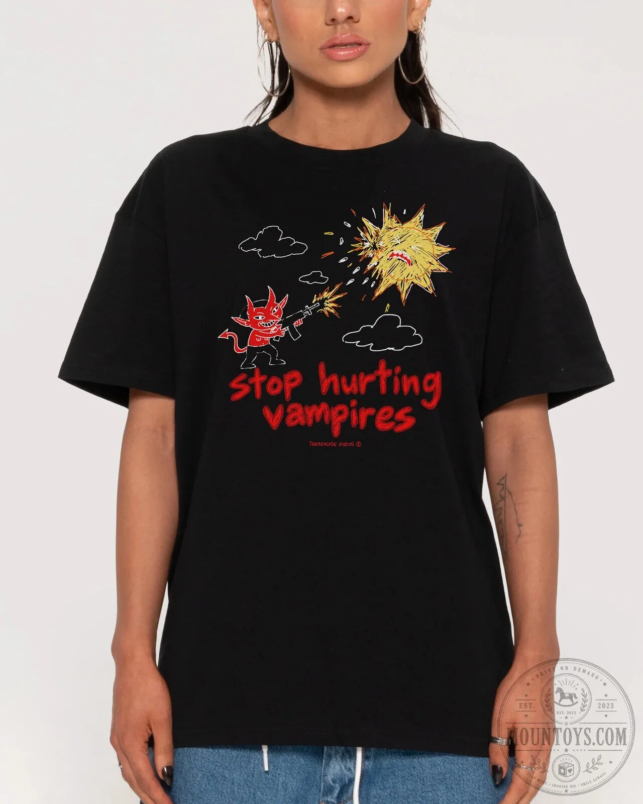 Stop Hurting Vampires Funny Devil Sun Graphic Black T-Shirt