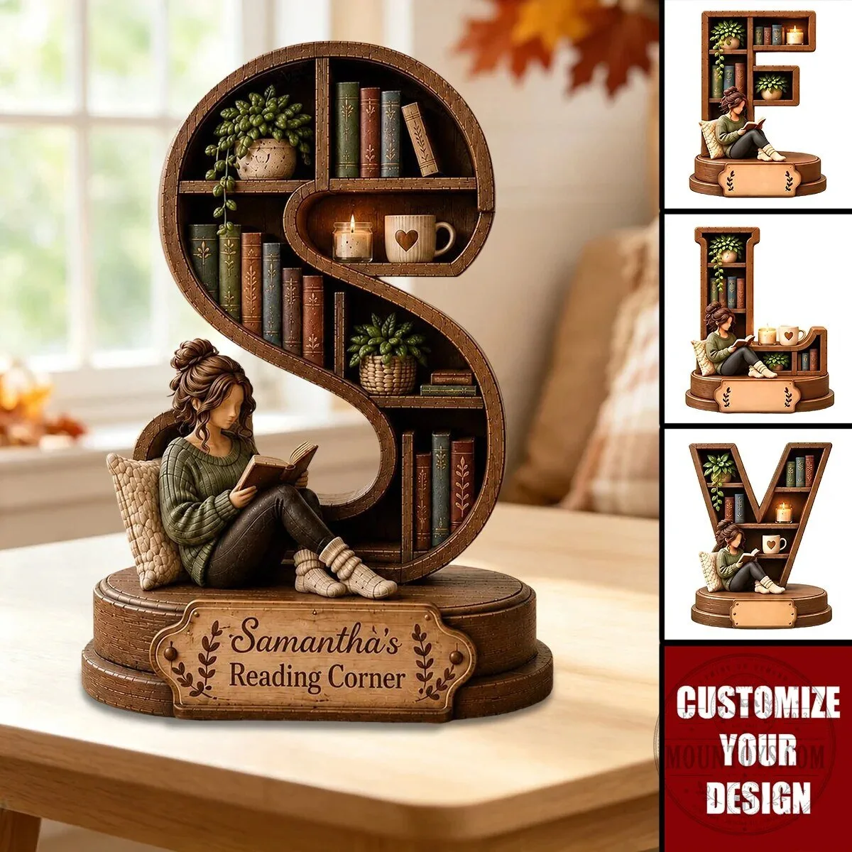 Personalized Initial Reading Corner Book Lover Figurine