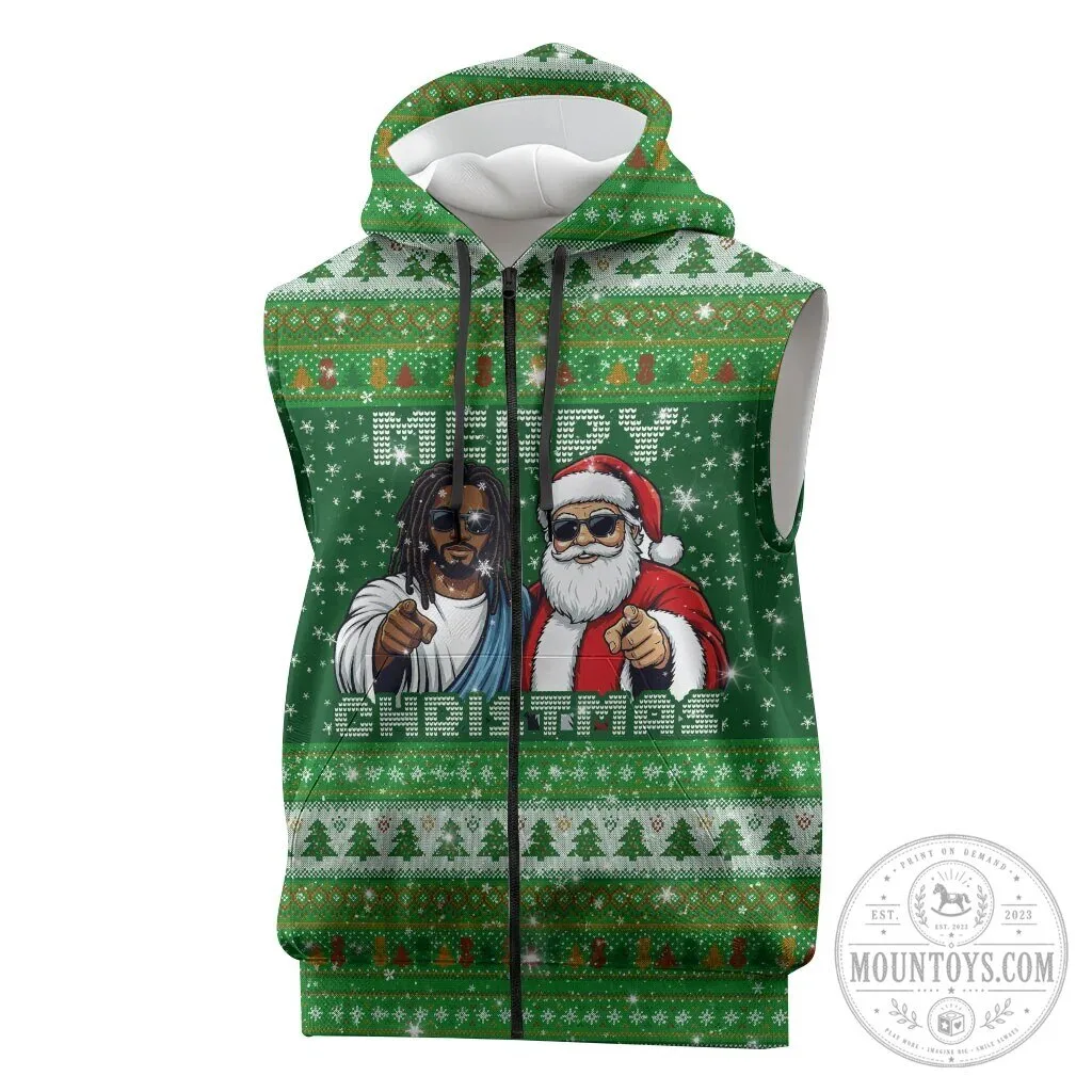 Black Jesus and Santa Claus Merry Christmas Ugly Sweater Sleeveless Hoodie 2 Black Jesus and Santa Claus Merry Christmas Ugly Sweater Sleeveless Hoodie
