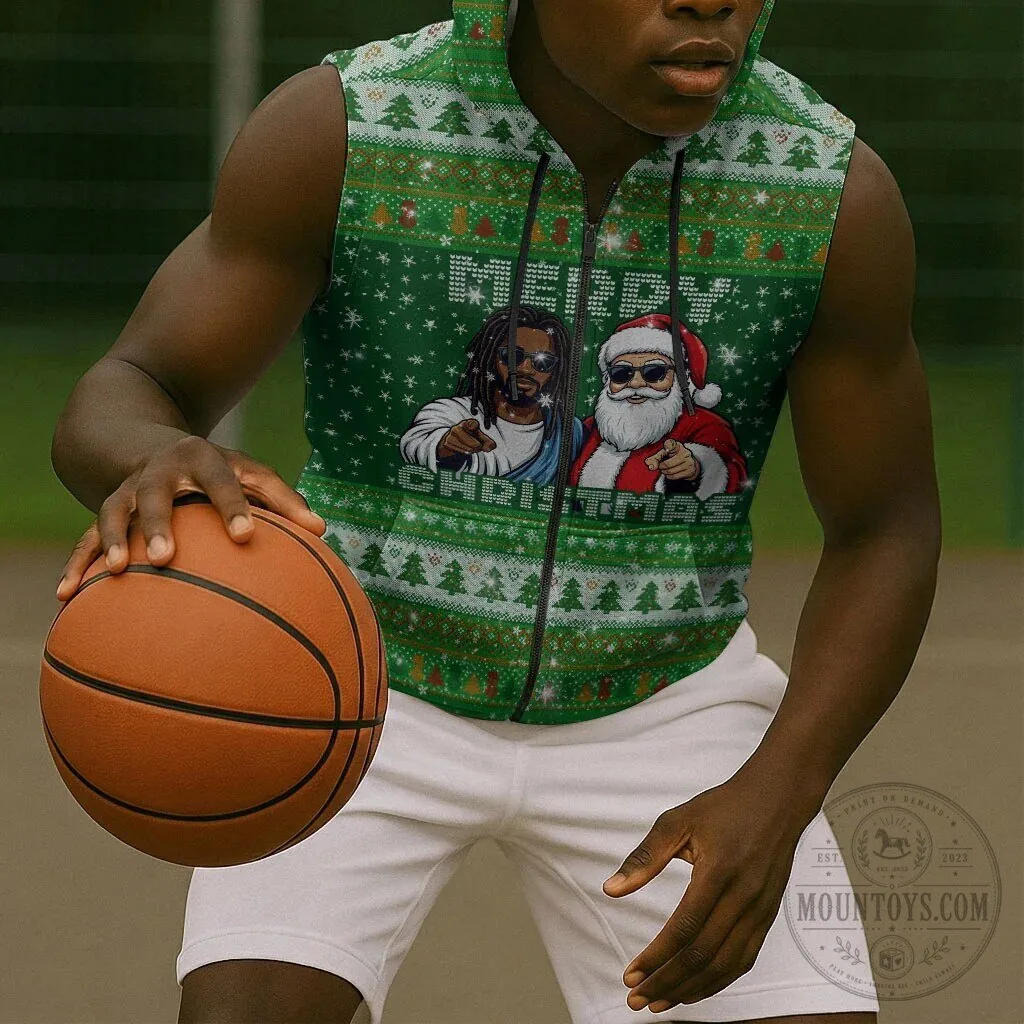 Black Jesus and Santa Claus Merry Christmas Ugly Sweater Sleeveless Hoodie 10 Black Jesus and Santa Claus Merry Christmas Ugly Sweater Sleeveless Hoodie