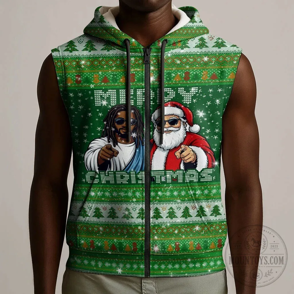 Black Jesus and Santa Claus Merry Christmas Ugly Sweater Sleeveless Hoodie 11 Black Jesus and Santa Claus Merry Christmas Ugly Sweater Sleeveless Hoodie