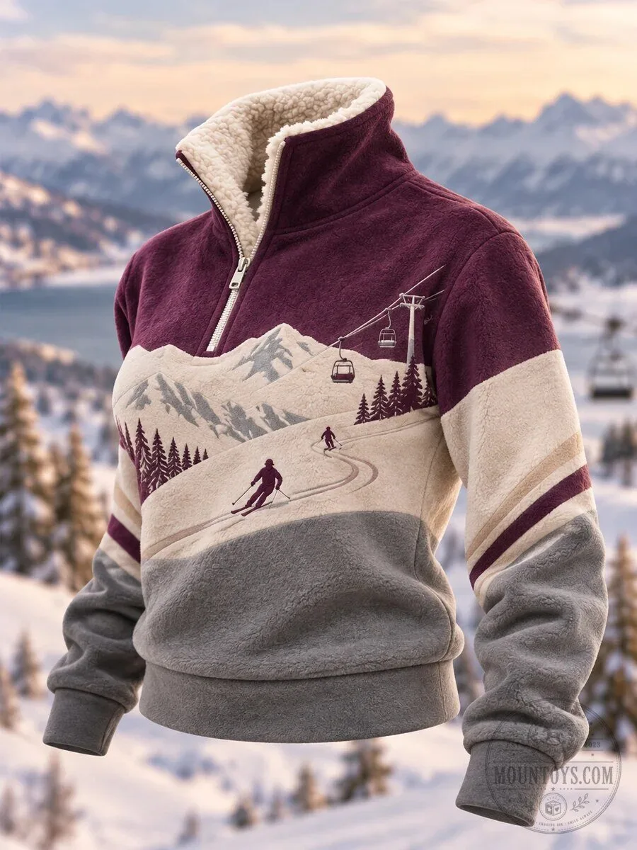 Ski Season Mountain Landscape Women's Winter Fleece Quarter-Zip Pullover Sweatshirt 2 Ski Season Mountain Landscape Women's Winter Fleece Quarter-Zip Pullover Sweatshirt