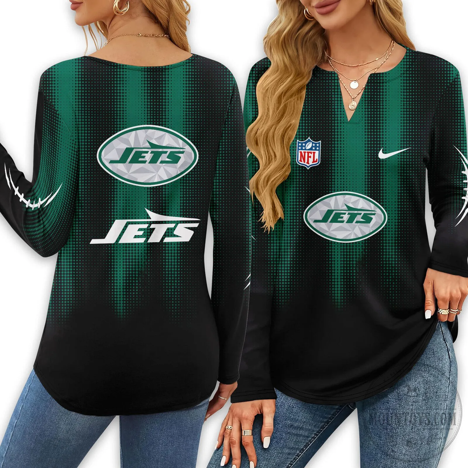 New York Jets Football Team Green and Black Long Sleeve Shirt for Women