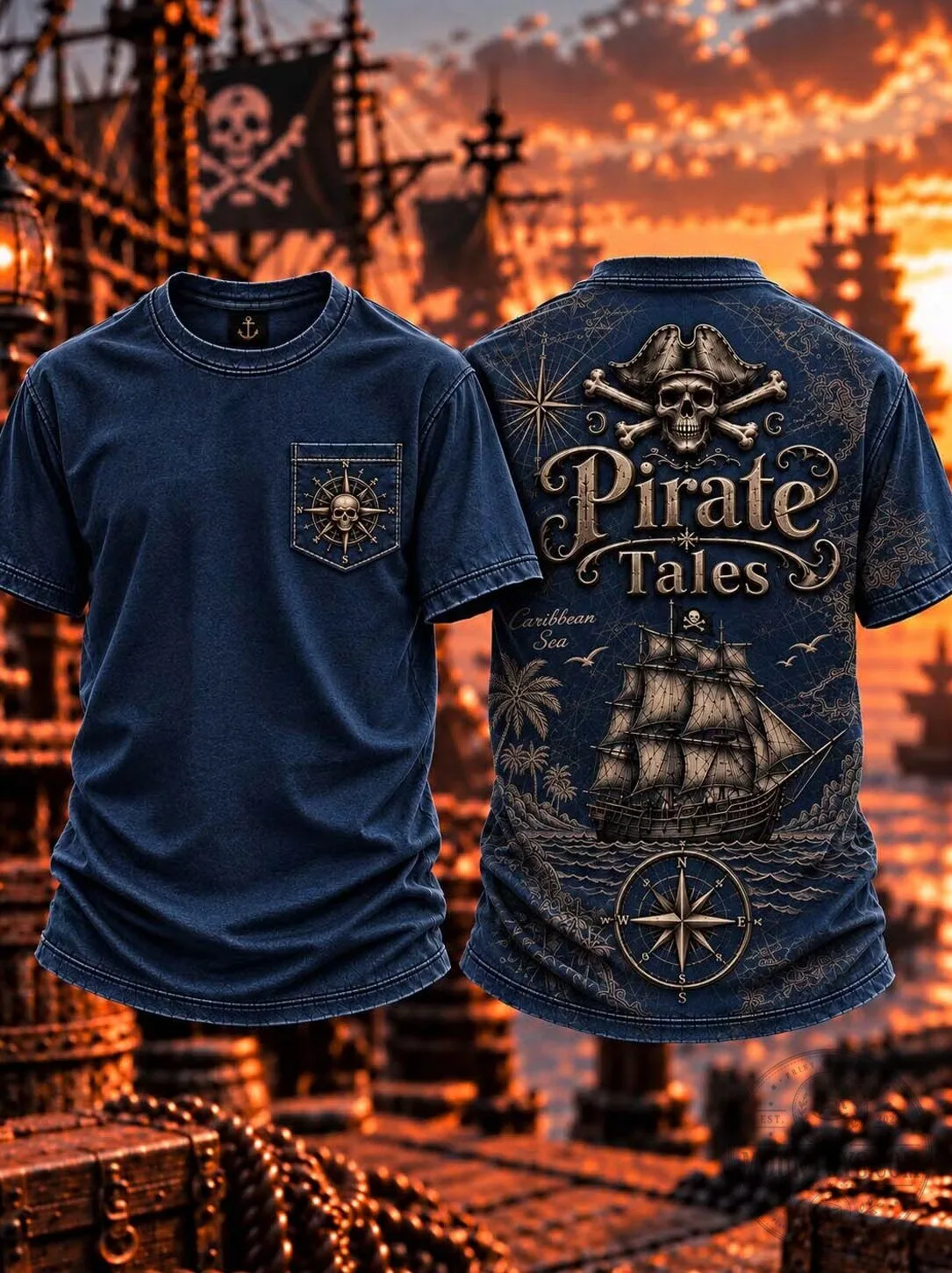 Pirate Tales Caribbean Sea Skull Compass Map Graphic T-Shirt