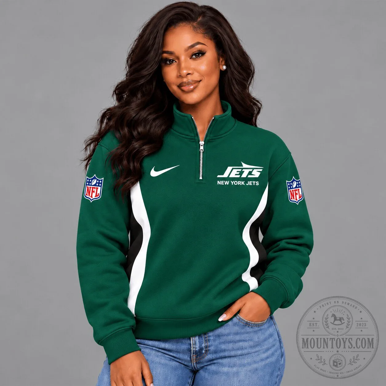 New York Jets NFL Green Quarter-Zip Pullover Sweatshirt for Women 1 New York Jets NFL Green Quarter-Zip Pullover Sweatshirt for Women