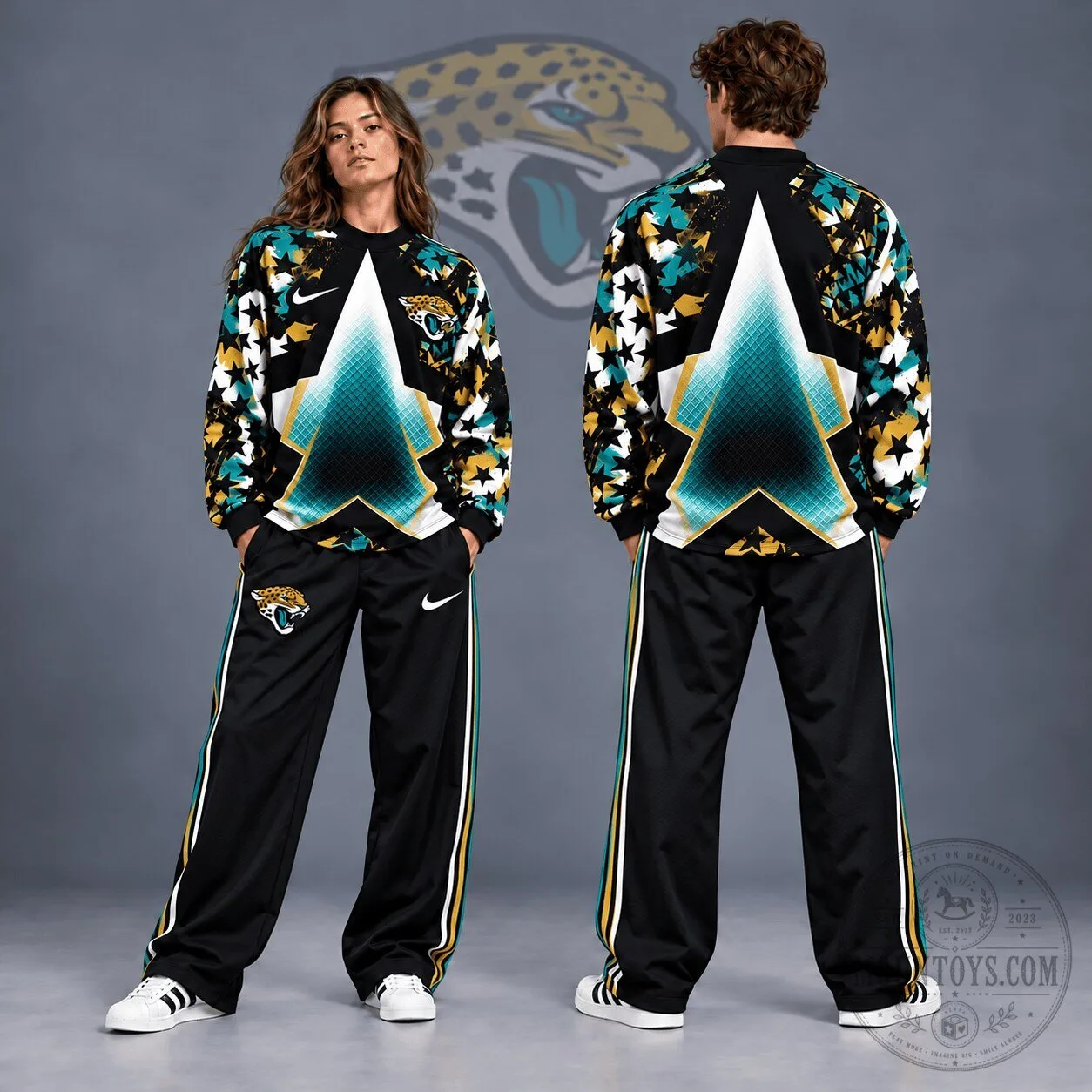 Jacksonville Jaguars NFL Distressed Starburst Chevron Crewneck Sweatshirt