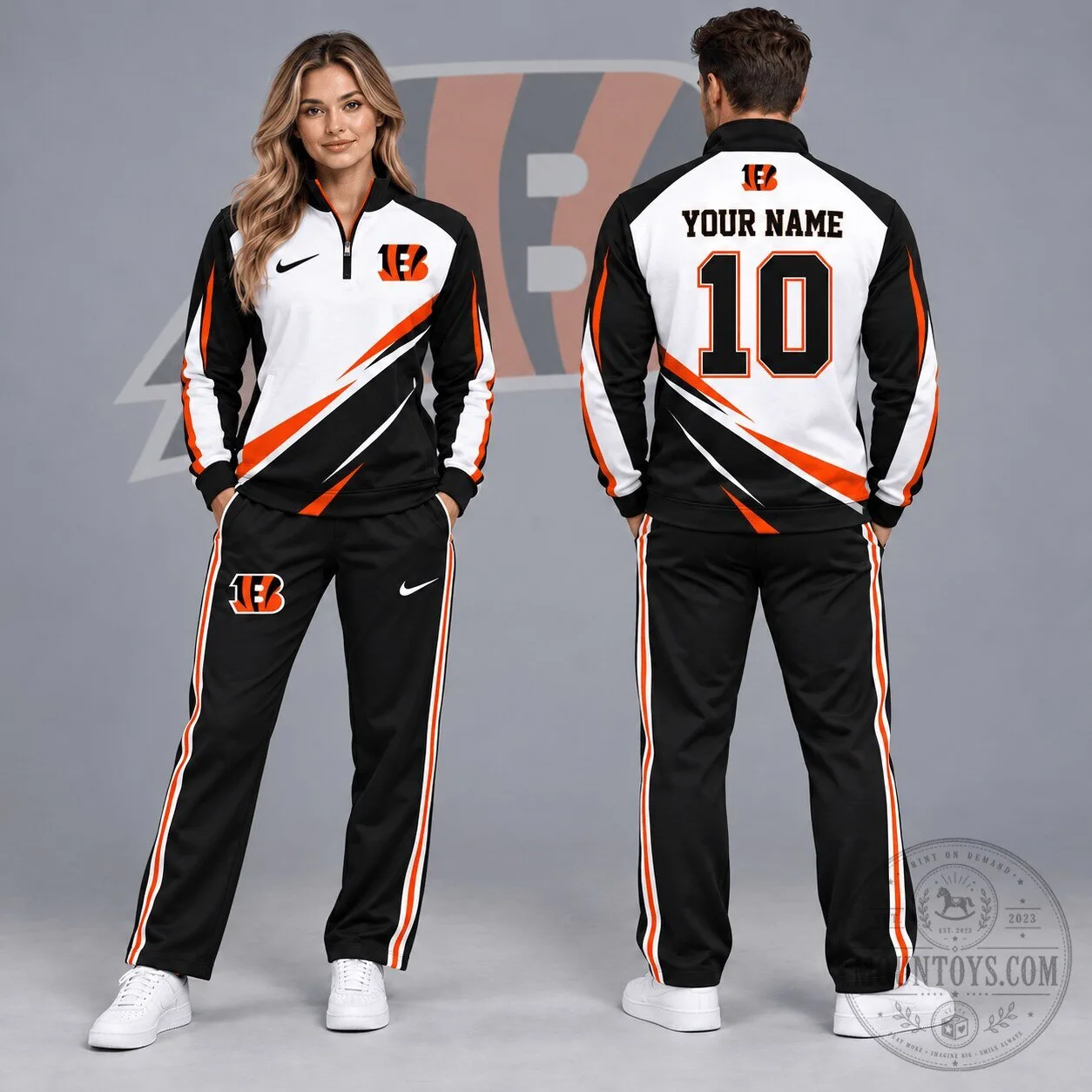 Cincinnati Bengals Custom Name Number Diagonal Lightning Quarter Zip Pullover