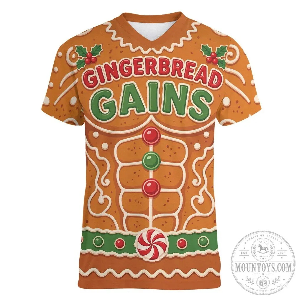 Funny Gingerbread Gains Bodybuilder Christmas Holiday V-Neck T-Shirt