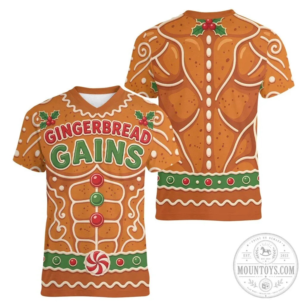 Funny Gingerbread Gains Bodybuilder Christmas Holiday V-Neck T-Shirt 7 Funny Gingerbread Gains Bodybuilder Christmas Holiday V-Neck T-Shirt