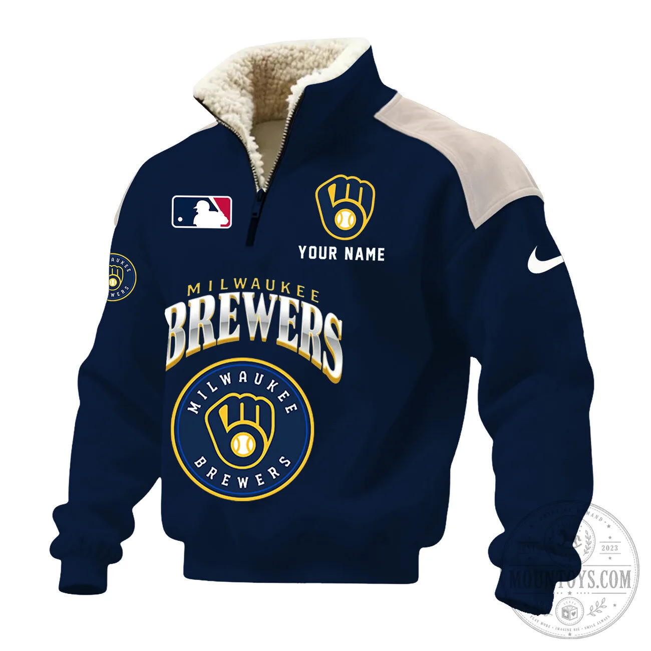 Milwaukee Brewers Baseball Team Quarter Zip Sherpa Fleece Sweatshirt