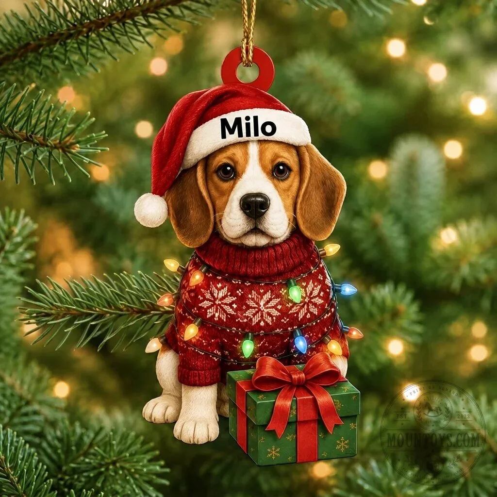 Personalized Beagle Dog with Christmas Sweater and Gift Box Holiday Ornament