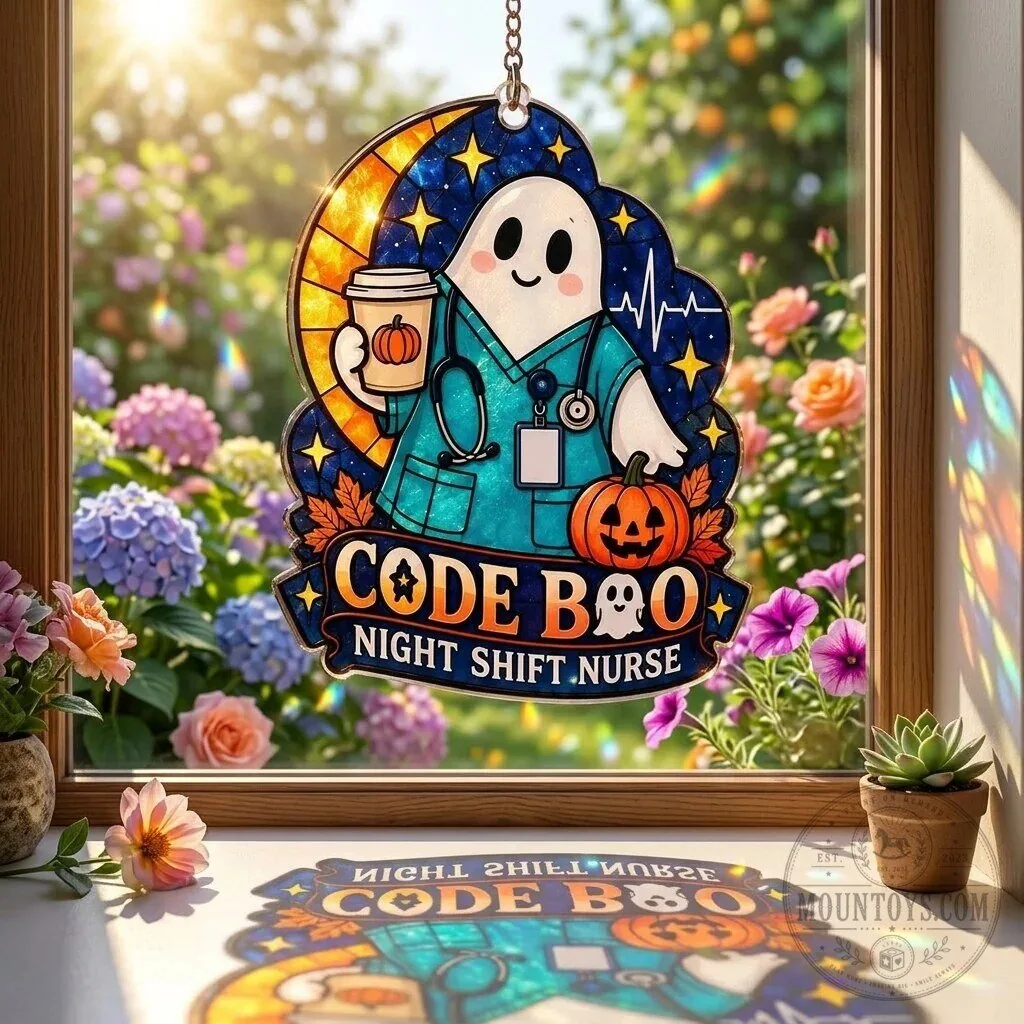 Code Boo Night Shift Nurse Halloween Ghost Pumpkin Suncatcher 1 Code Boo Night Shift Nurse Halloween Ghost Pumpkin Suncatcher