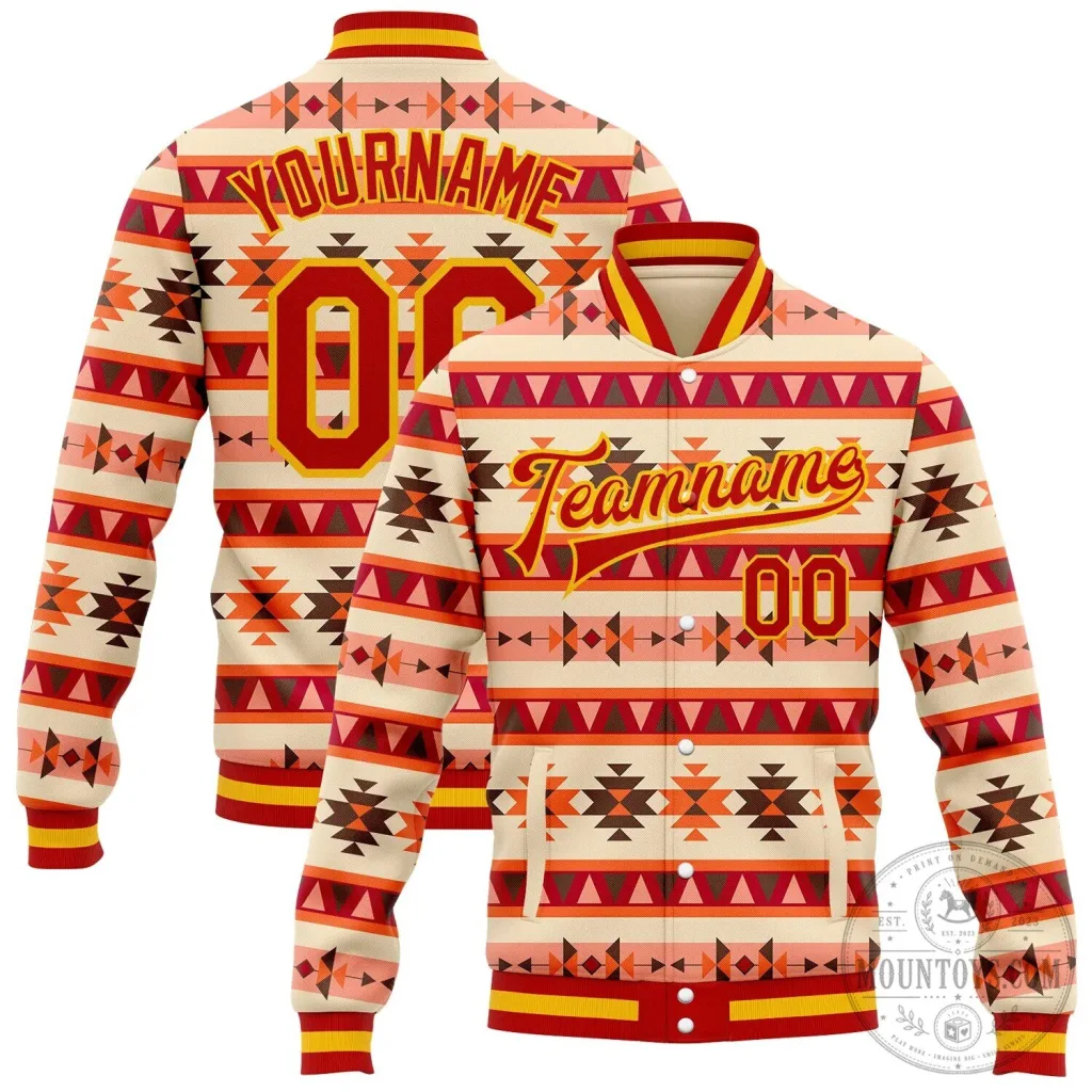 Custom Red Gold White Southwestern Geometric Aztec Bomber Varsity Jacket Custom Red Gold White Southwestern Geometric Aztec Bomber Varsity Jacket