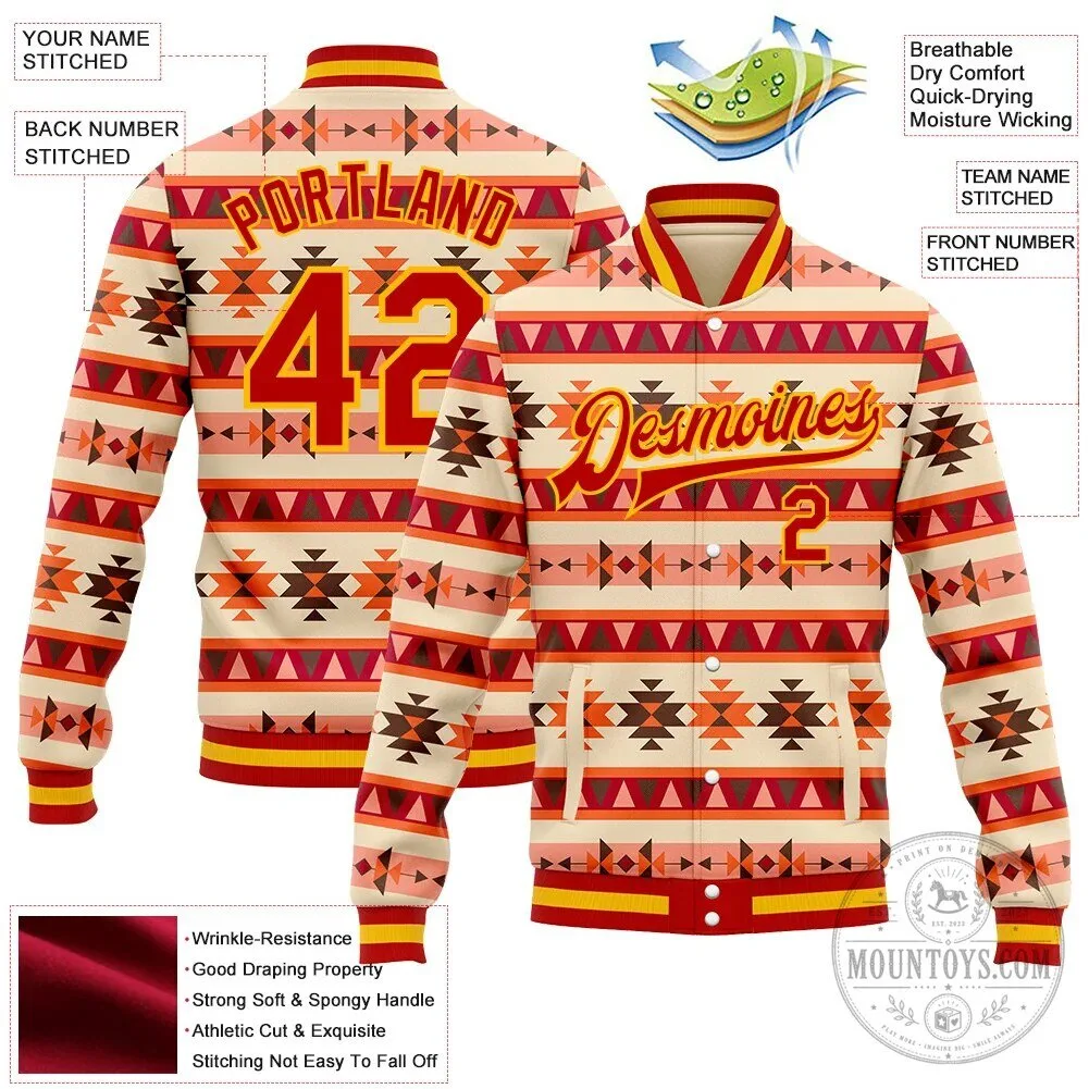 Custom Red Gold White Southwestern Geometric Aztec Bomber Varsity Jacket 11 Custom Red Gold White Southwestern Geometric Aztec Bomber Varsity Jacket