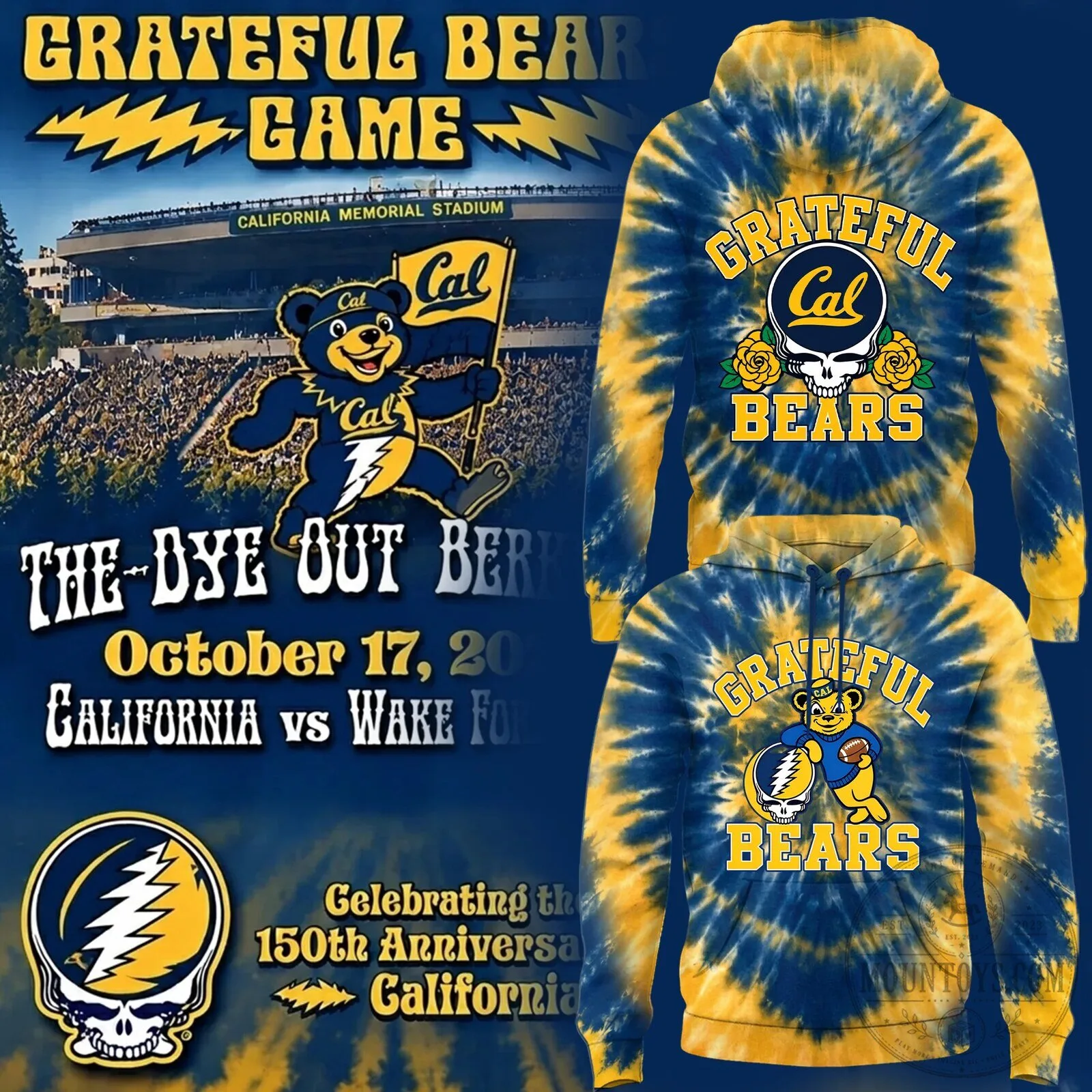 Grateful Dead Tie-Dye Hoodie for California Golden Bears Football Fans