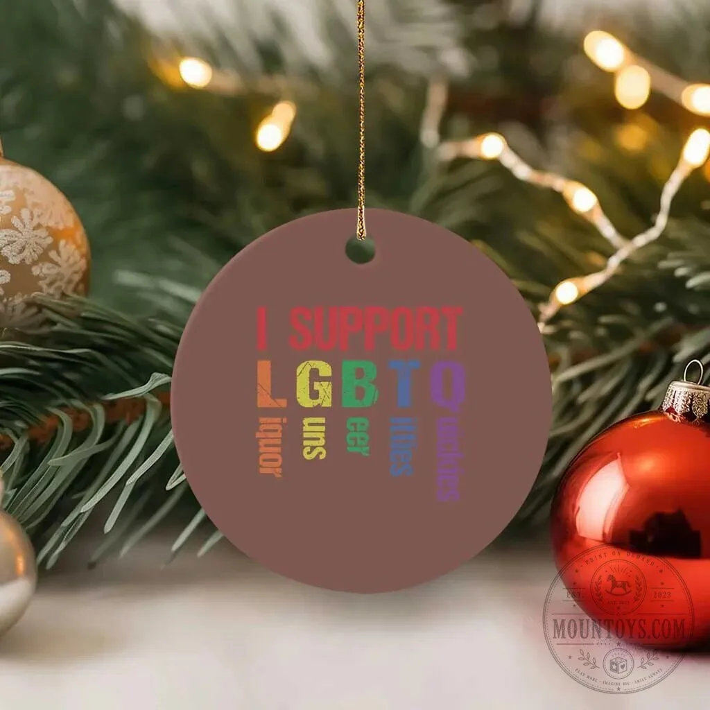Funny I Support LGBTQ Liquor Guns Bacon Titties Christmas Tree Ornament