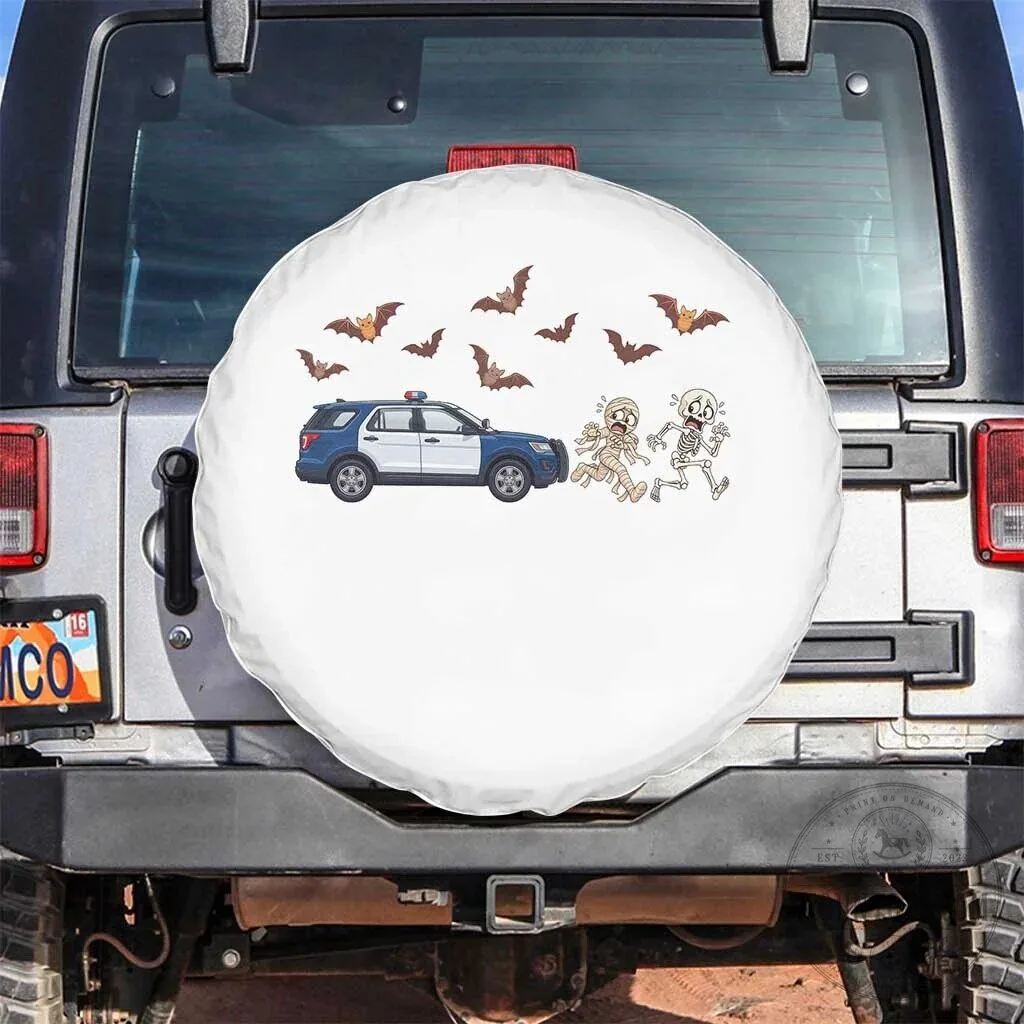 Funny Police Car Chasing Skeleton Mummy Halloween Spare Tire Cover 3 Funny Police Car Chasing Skeleton Mummy Halloween Spare Tire Cover