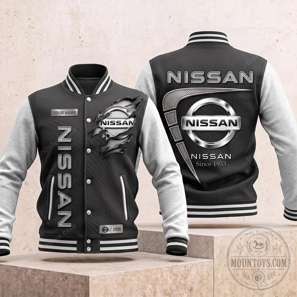 Nissan Car Logo Black and White Varsity Bomber Jacket with Custom Name 3 Nissan Car Logo Black and White Varsity Bomber Jacket with Custom Name