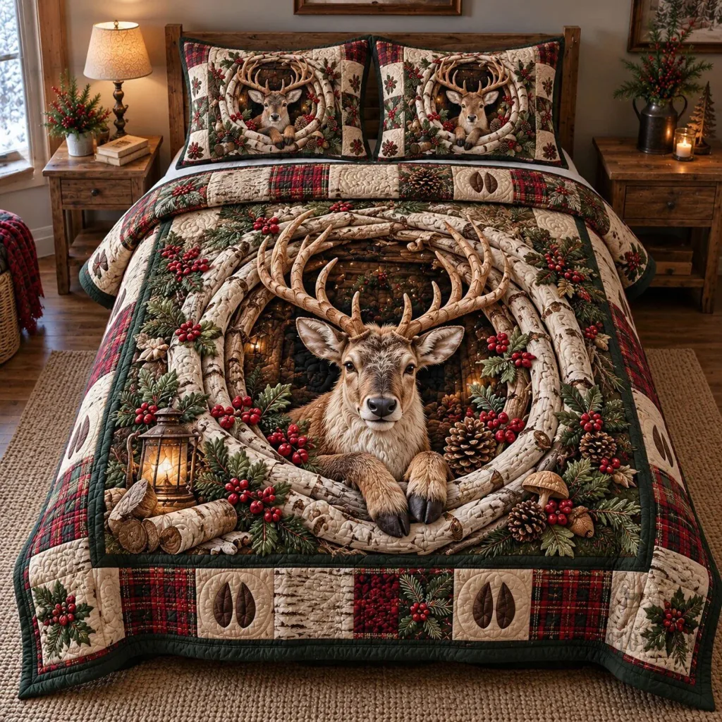 Christmas Deer Haven Quilted Bedding Set with Reindeer and Winter Forest Design Christmas Deer Haven Quilted Bedding Set with Reindeer and Winter Forest Design