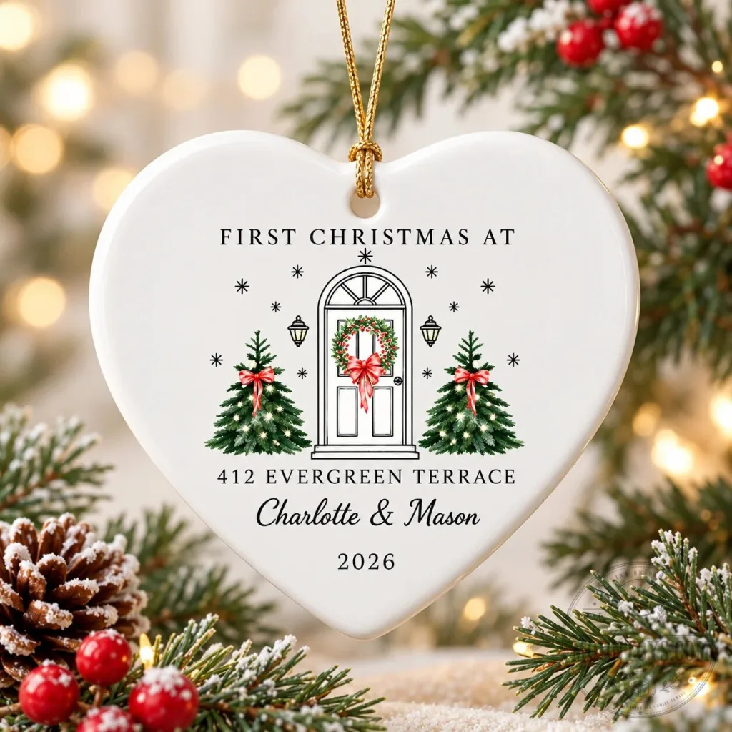 Personalized First Christmas At New Home Heart Ceramic Ornament Personalized First Christmas At New Home Heart Ceramic Ornament