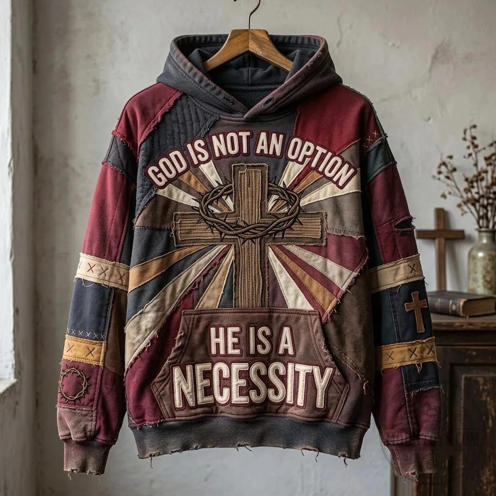 God Is Not An Option He Is A Necessity Christian Cross Patchwork Hoodie