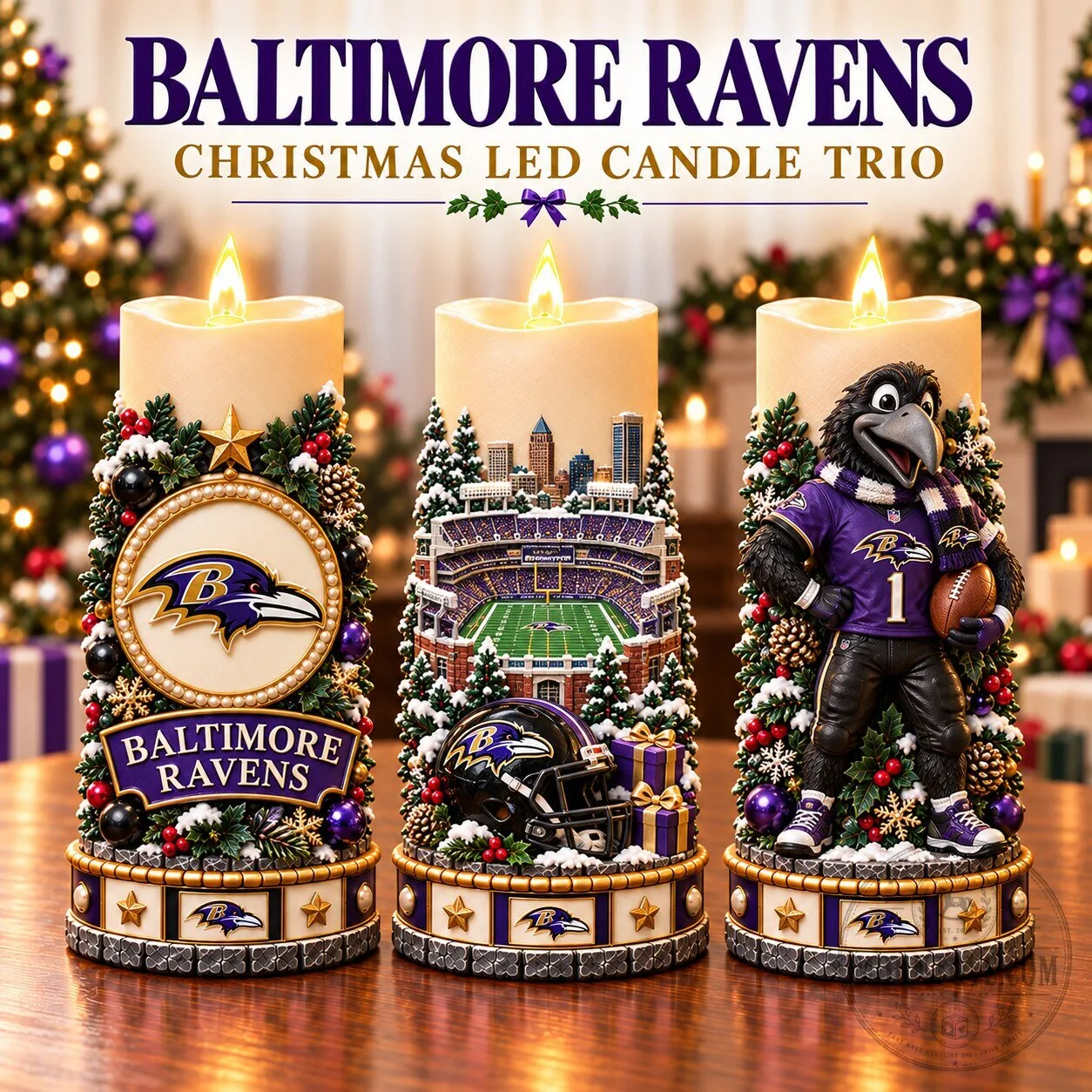 Baltimore Ravens Christmas LED Candle Trio Sculptural Holiday Decor